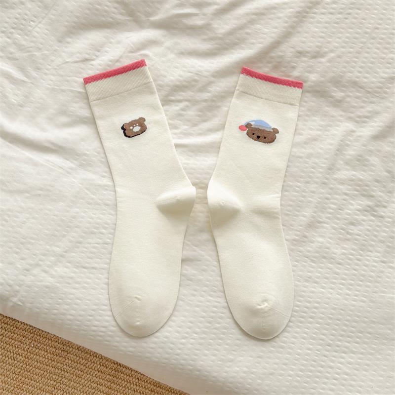 Female Fall Color Contrast Cartoon AB Precollege Style Boneless Tube Stack Socks