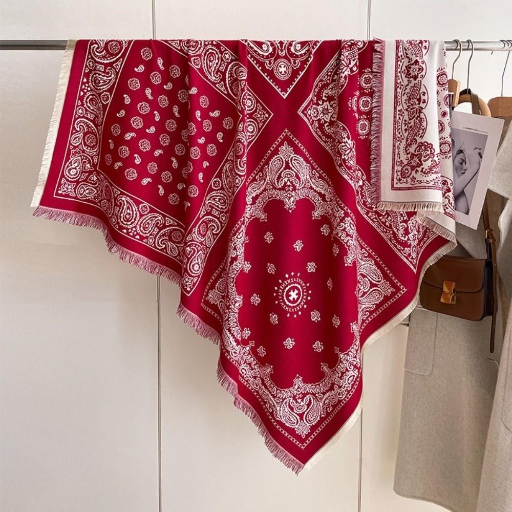 Retro Imitation Cashmere Winter Scarf Warmth Square Printed Shawl and Wrap Soft Double-sided Tassel Poncho