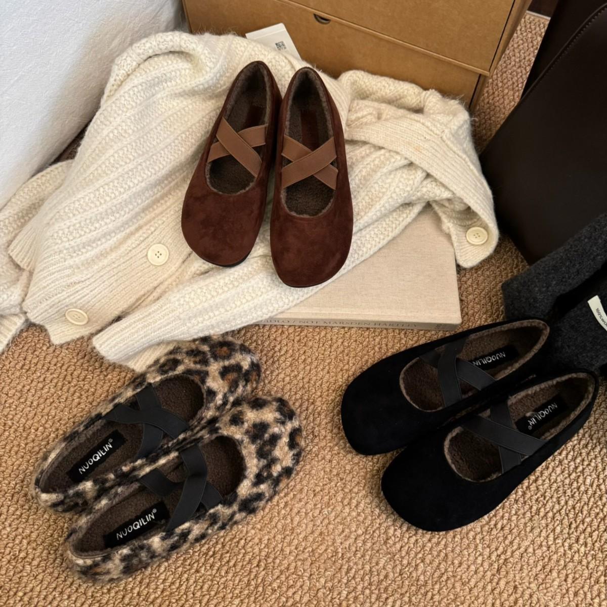 

В зимней корейской версии высота увеличена. Мэри Джейн шерстяная ткань, осенние шерстяные туфли на флисе, одинарные туфли, женская обувь, Fr 39 цветной печати леопарда