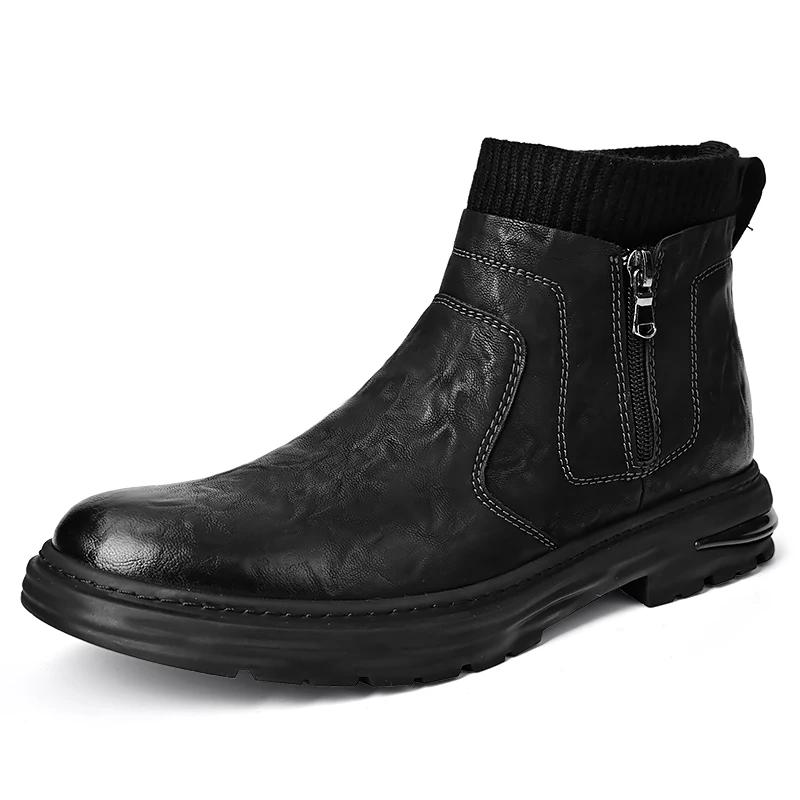 New Men Fashion Ankle Boot Casual Leather Lightweight Side Zipper Outdoor Boot Men Classic Breathable Work Shoes Winter Non Slip