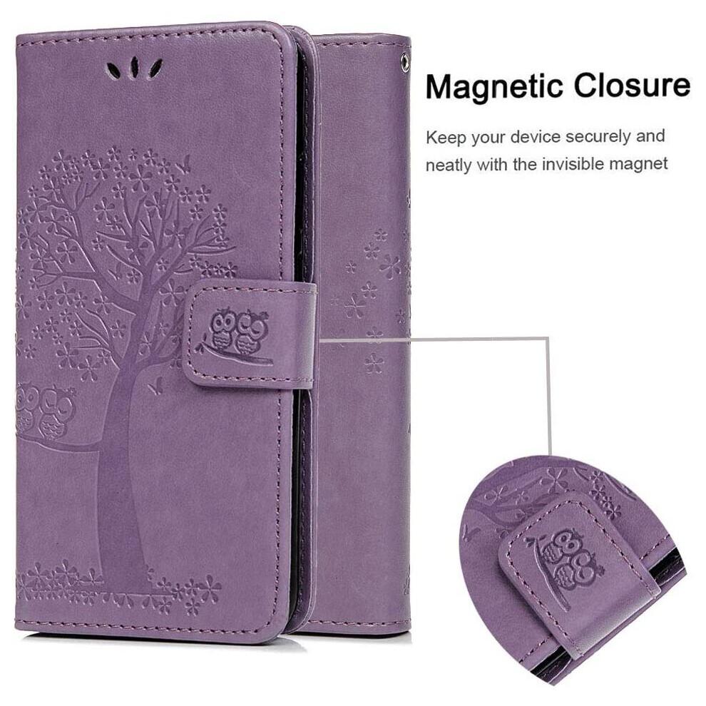iPhone SE 2020 Phone Case Shockproof PU Leather Flip Wallet Owl Tree Embossed Case Protective Cover