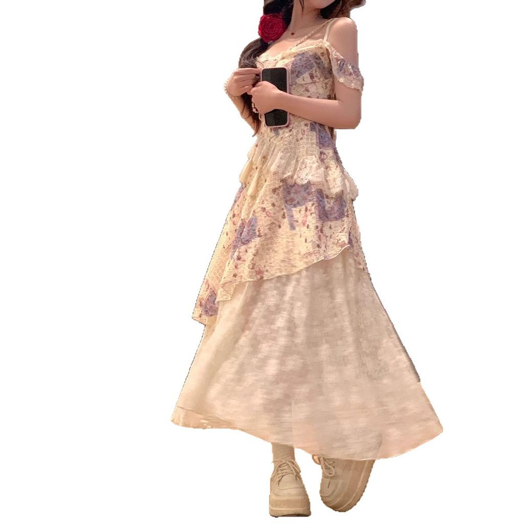 French Retro Floral Suspender Dress Women's Spring and Summer Temperament Vacation Waist and Thin Irregular Splicing Long Skirt