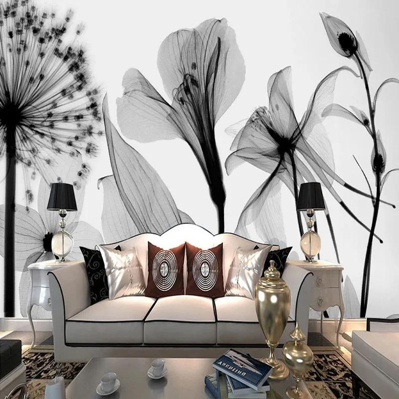 Modern Hand Painted Wallpaper Black And White Dandelion Flowers Mural 3d Abstract Living Room Wall Painting