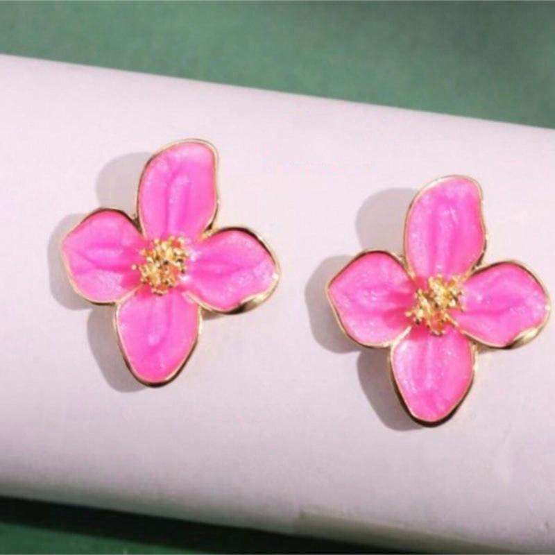 925 Silver Hibiscus Red Flower Stud Earrings - Retro Hong Kong Style with Three-Dimensional Drip Glaze Design