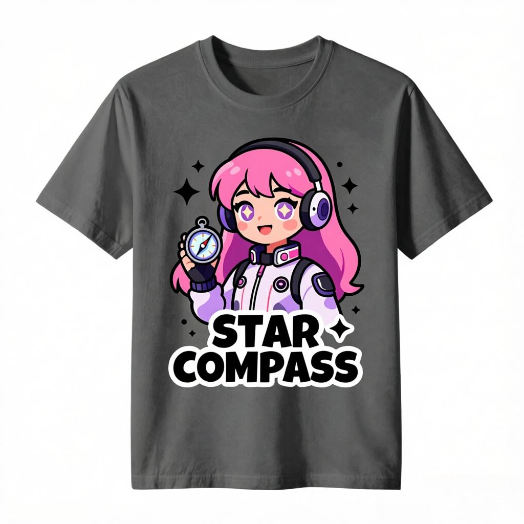 Star Compass Pink Hair Anime Astronaut Girl With Compass Print TShirt Unisex Unisex Casual Cotton Tee Short Sleeve Unisexga Space Tops