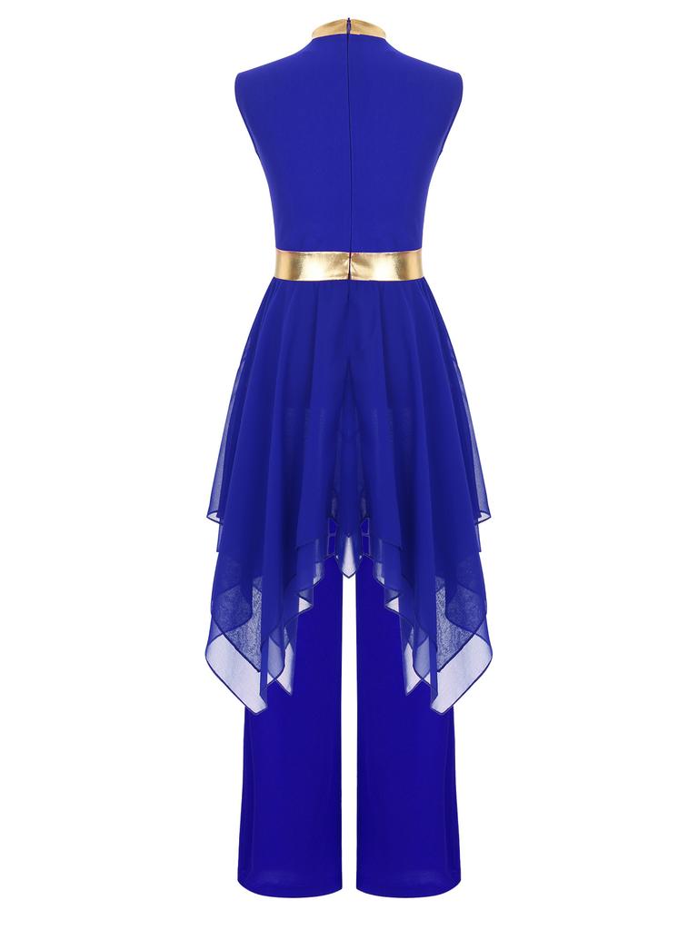 Praise Dance Costume for Kids Girls: Asymmetrical Sleeveless Metallic Dress & Comfortable Wide-Leg Pants with Elastic Waist