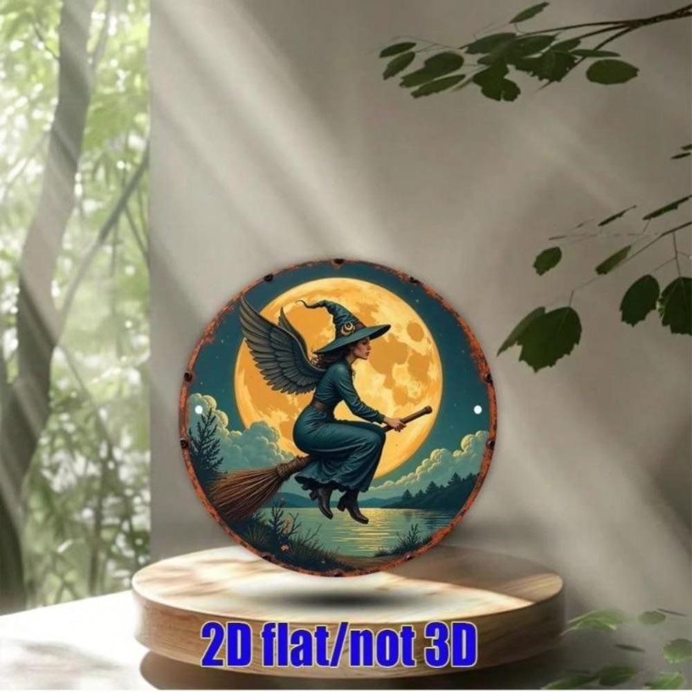 Magic Winged Witch Metal Round Sign Vintage 2D Flat Wall Decor 7.8x7.8 Inch Waterproof Aluminum Art Home Garden Cafe Bar Decor