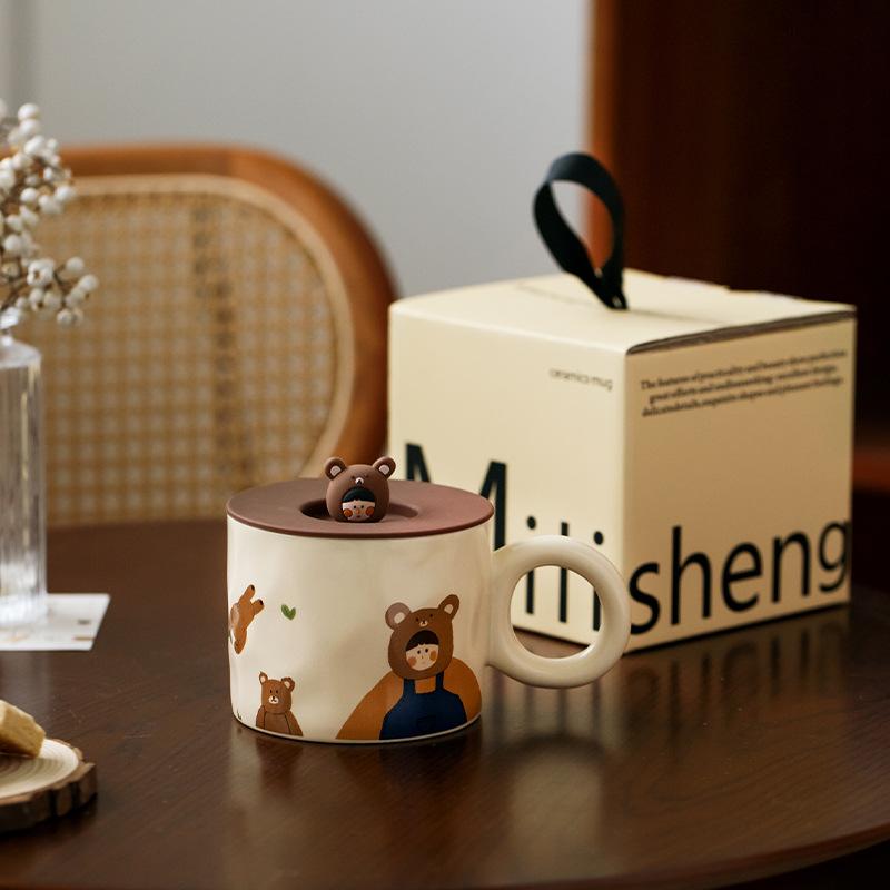 Mili Life Cute Cup with Lid Mug Ceramic Cup Female Couple Cup Coffee Cup Creative Water Cup Breakfast Cup