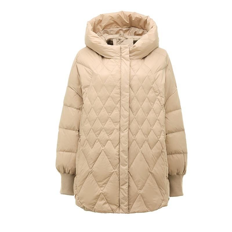 Winter simple style versatile solid color small rhombus down jacket women's fashion casual hooded warm white duck down jacket