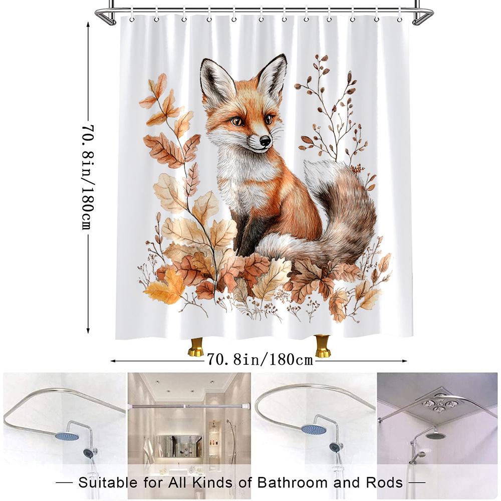 1pc Autumn Fox Shower Curtain - Cute Fox in Fall Leaves Nature Theme, 70.8x70.8 Inch, Polyester, Machine Washable, with 12 Hooks