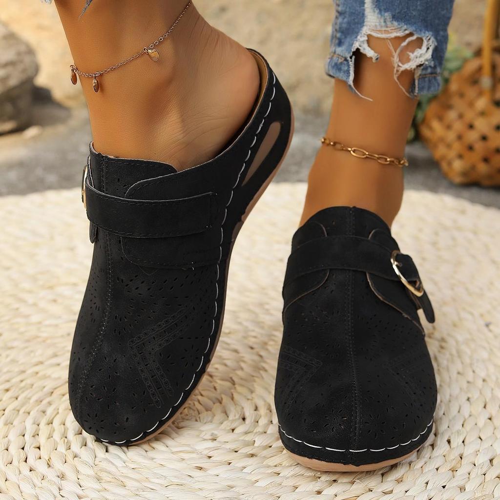 Women's Wedge Heel Half Slippers Lace Up Pattern Hollow Headed  European and American Style Oversized Hollow Slippers