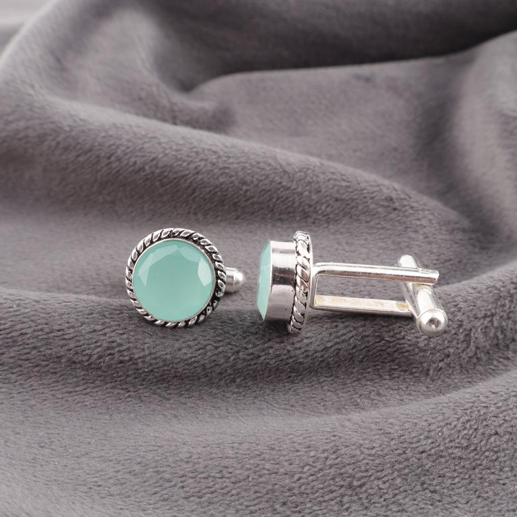 Aqua Chalcedony Gemstone 925 Sterling Silver Handcrafted Jewelry Cufflinks 0.51" CL-3-19
