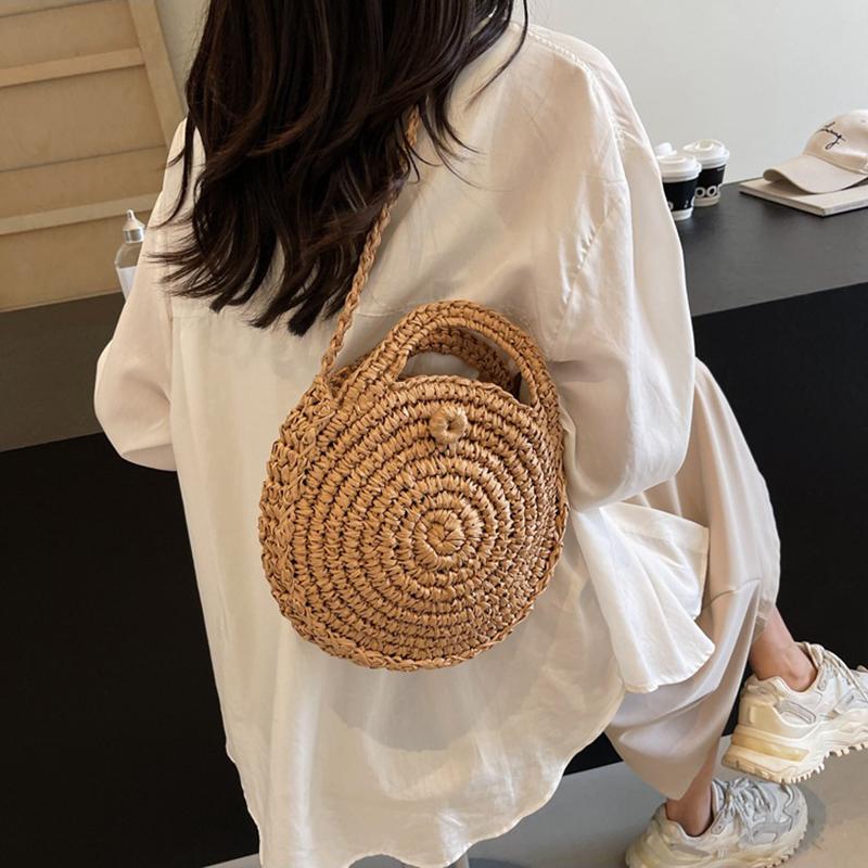 Runde Umhängetasche aus Stroh, handgefertigt, gewebte Schultertasche für Damen, Sommer-Strandtasche, Bohemia-Reisetasche, kleine Handtasche und Geldbörse