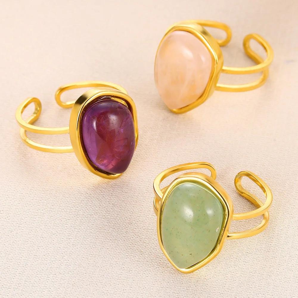 Temperament Retro Geometry Water Drop Natural Stone Stainless Steel Double Layer Adjustable Opening Rings for Women Jewelry Gift