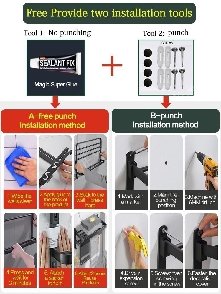 No Drill Bathroom Hardware Towel Rack Black 40CM-60CM Folding Aluminum Towel Rack Holder With Hook Towel Holder Tissue Holder