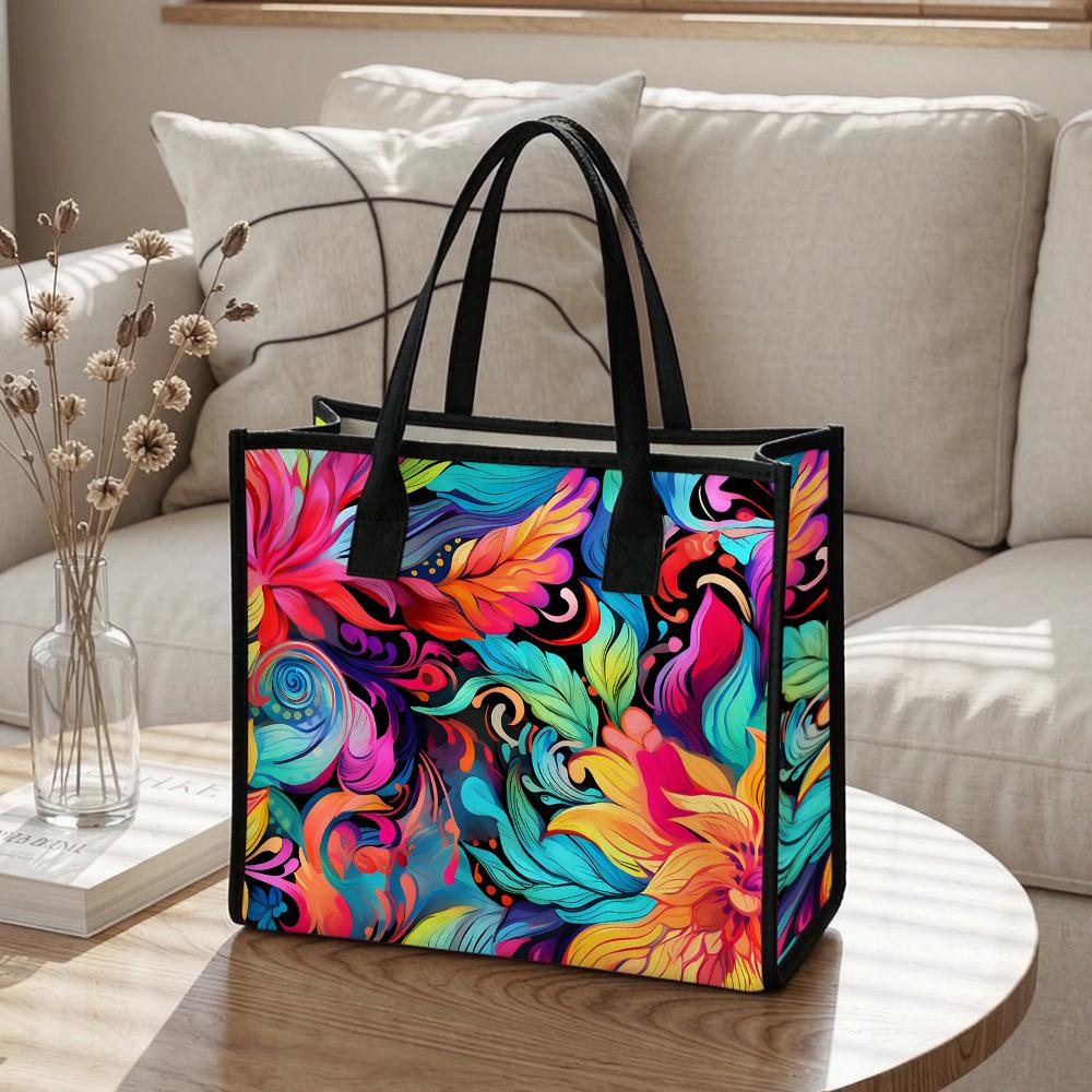 Colorful Floral Print Casual Tote Bag Portable Daily Use Lightweight Reusable Fashion Carryall Handbag