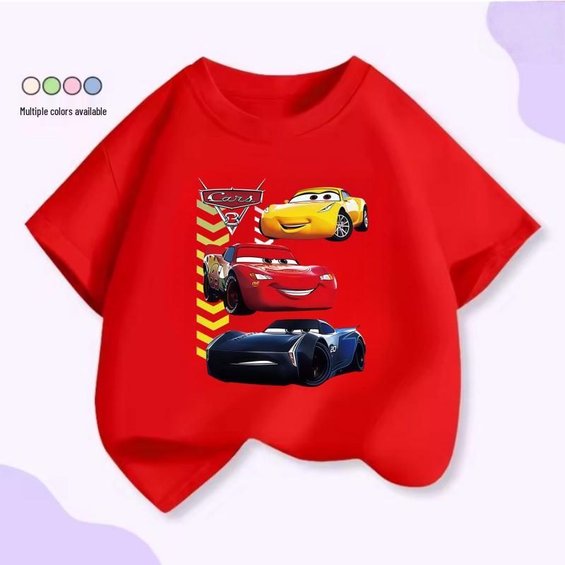 New Cartoon Cars Summer Cotton T-Shirt for Kids, Short Sleeve, Round Neck 130 cm