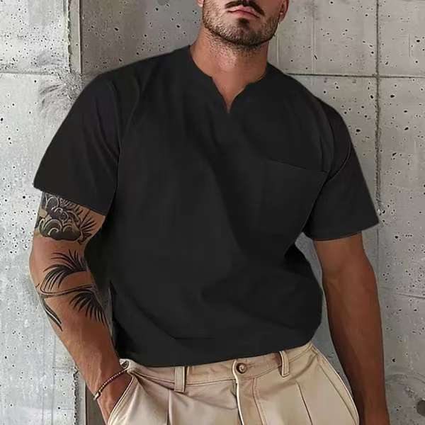 Summer New Muscle Men'S Fitness T-Shirt Men'S Micro Elastic Half Sleeve Top Summer V-Neck Pocket Short Sleeve Men'S