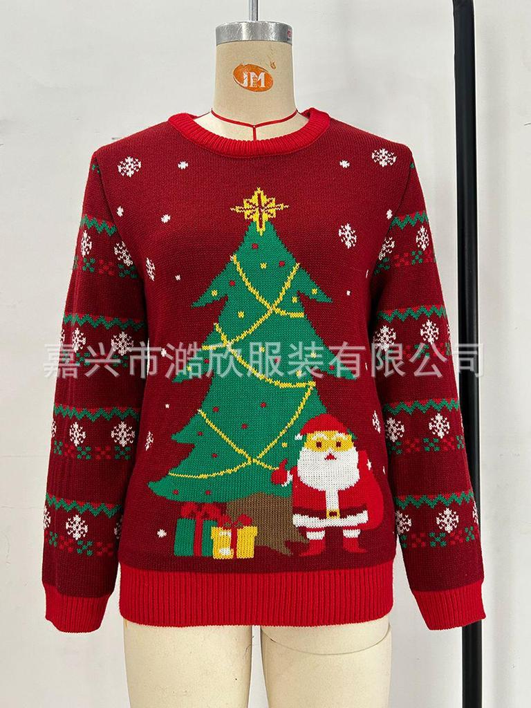 Women's Christmas LED Knit Sweater: European & American Style, Round Neck, Santa Claus & Christmas Tree Jacquard Design
