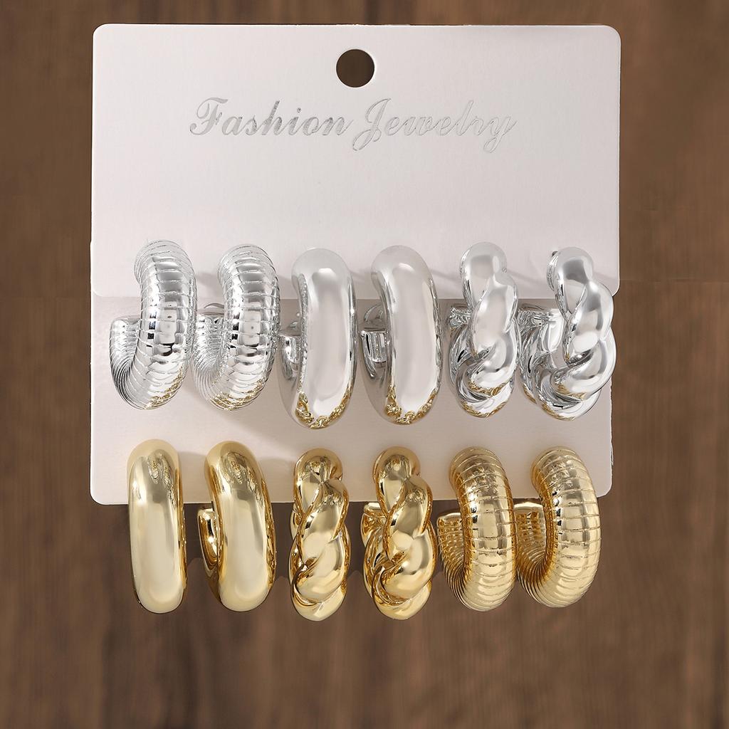 Fashion Geometry Chunky C-shaped Earring Set Creative Design Half Round Stud Earrings Women's Statement Versatile Daily Zircon