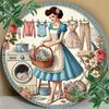 Vintage Metal Girl Washing Wall Art Round Sign Home Decor Gift 8x8 Inches