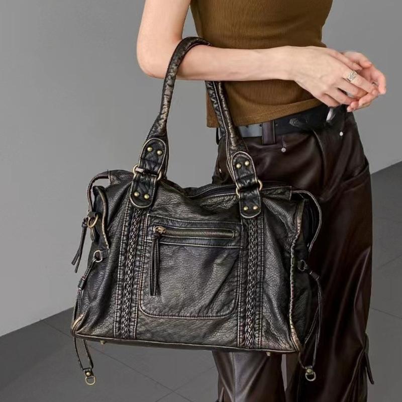 Korean Version Women's Bag, Casual Washed Leather Shoulder Bag, Soft Leather Retro Motorcycle Bag, Crossbody Bag