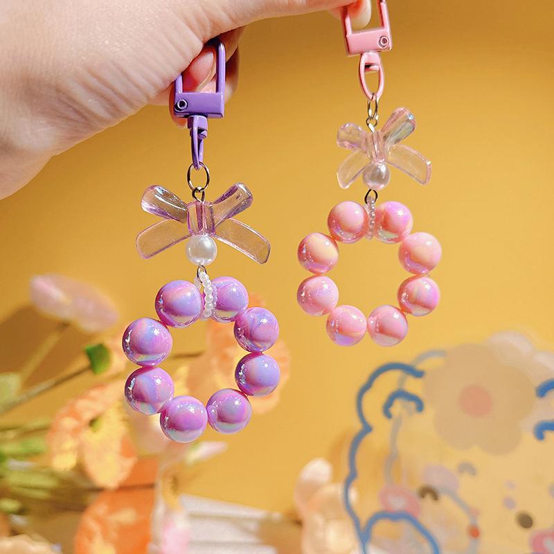 Plastic Fashion Beaded Bow Keychain Exquisite Candy Color Pearl Keyring Creative Shiny Bows Beaded Pendant Girls