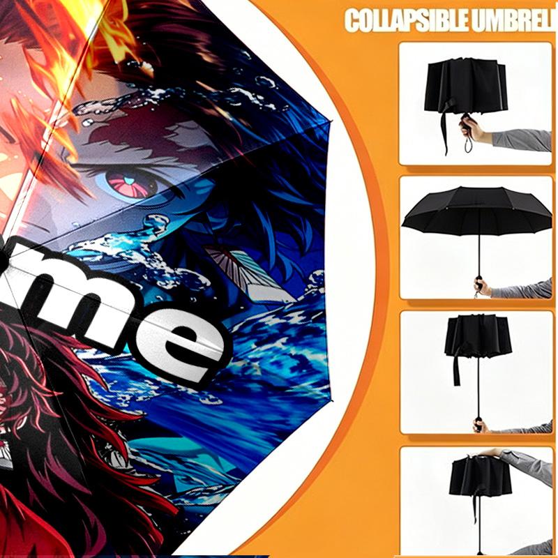 Custom Name Personalized Demon Slayer Print Umbrella, Auto Open Close, 8‑Rib Sturdy Frame, Commute Camping Hiking Use, Birthday Gift