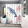Underwater Ocean Animals Whale Octopus Fish Shower Curtain Machine Washable All Season Waterproof Privacy Protection 12 Hooks