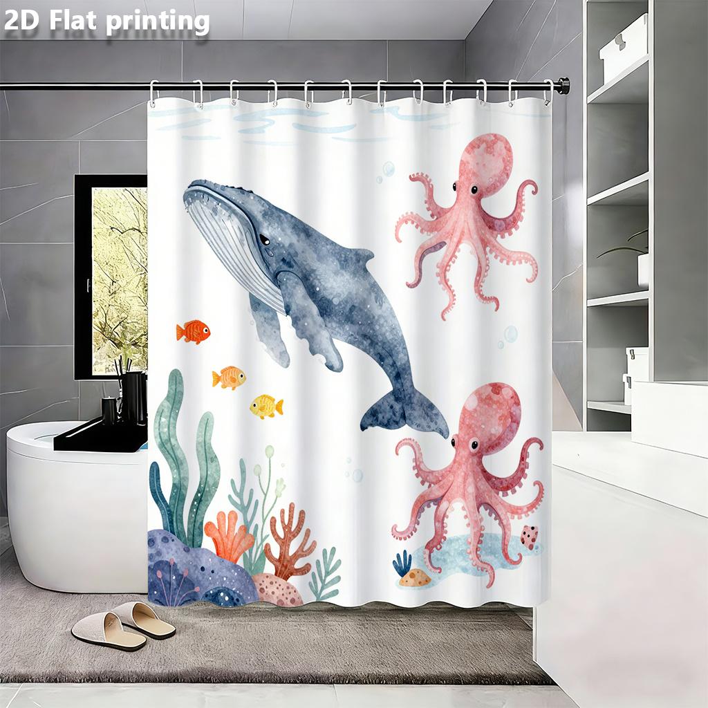 Underwater Ocean Animals Whale Octopus Fish Shower Curtain Machine Washable All Season Waterproof Privacy Protection 12 Hooks