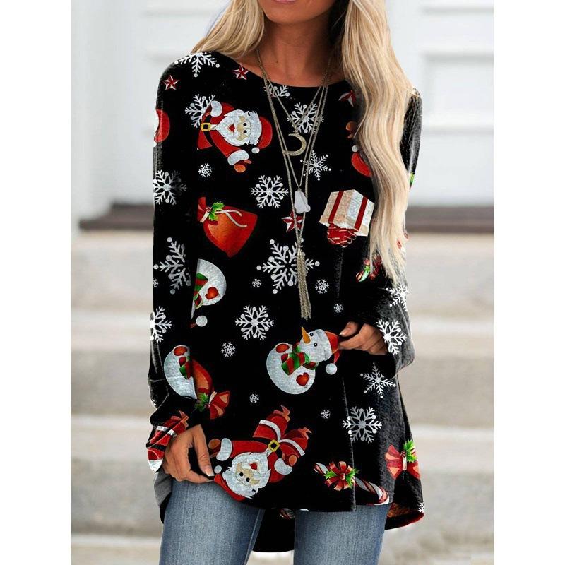 Christmas Gift 3D Printed Long Sleeved T-shirt for Women, Fashionable New Year Round Neck Top