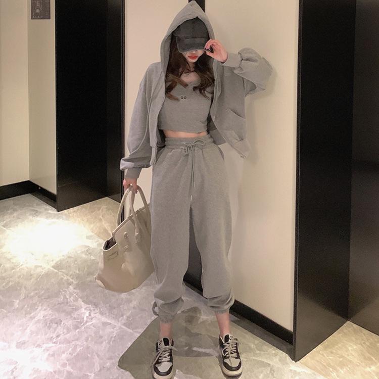 2024 Spring Hong Kong Style Women's Casual Three-Piece Sportswear Set: Long Pants, Zipper Hoodie, Camisole.