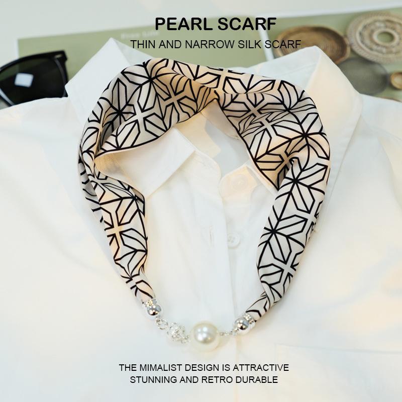 Elegant Silk Scarf with Magnetic Buckle and Pearl Necklace - Stylish Clavicle Chain for Women