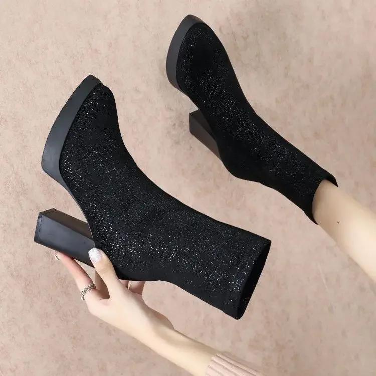 Fashion Elastic Black Pointed Toe Half High Boots for Women Quality on Promotion Y2k Winter 2024 Novelty Pu Cosplay Mid Calf Shoes Woman