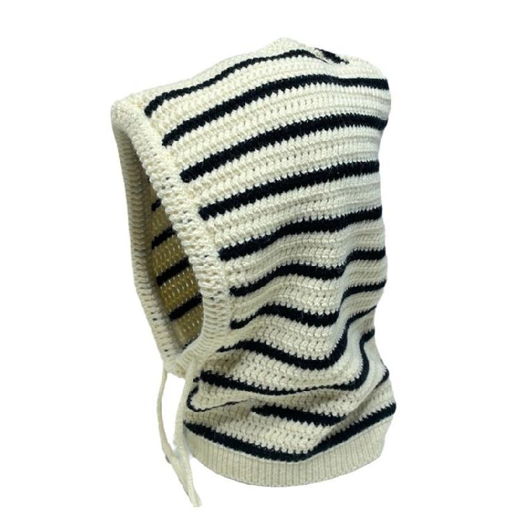 Drawstring Stripe Cap Knit EarMuff Hat Autumn Neck Scarf Hat Windproof Balaclava