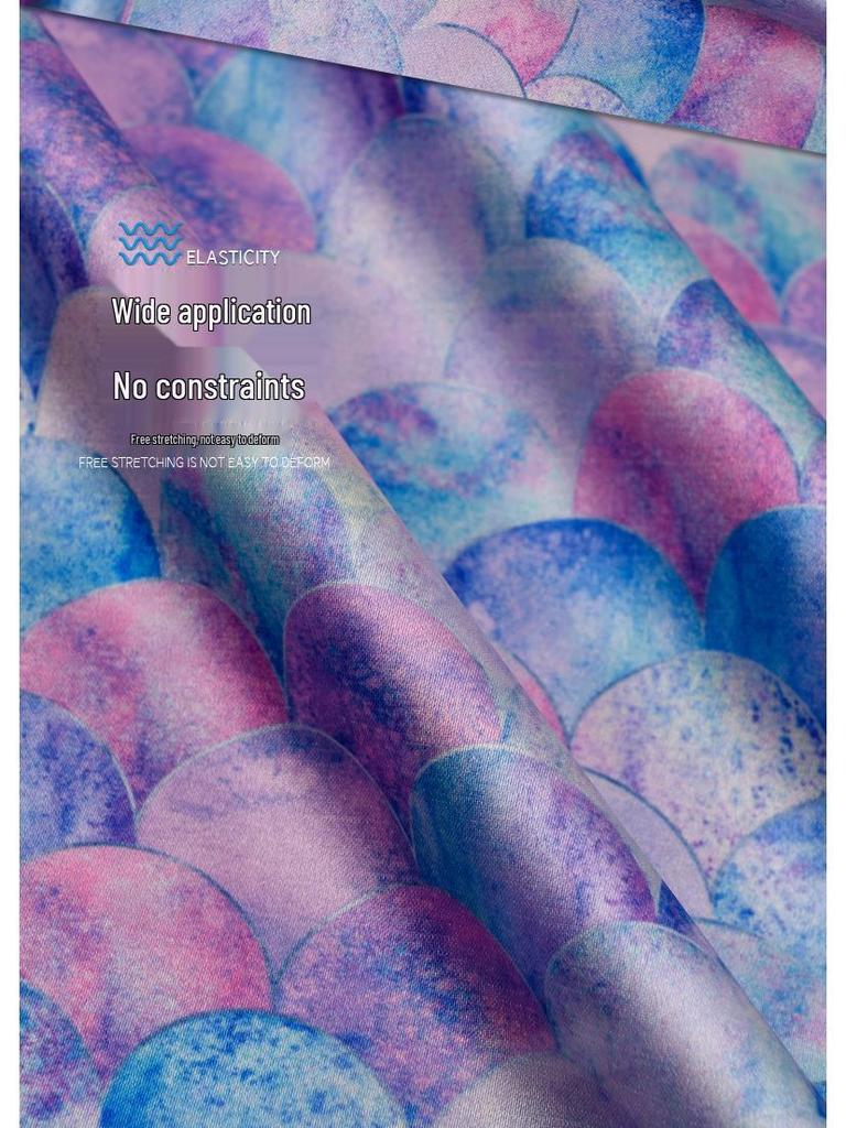 Colorful Fish Scale Floral Stretch Satin: Polyester-Spandex Digital Print Cheongsam Faux Silk Fabric
