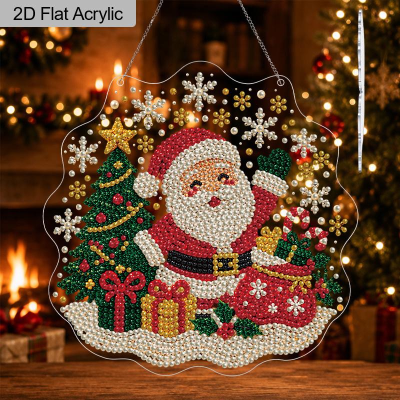 Christmas Acrylic Diamond Art Ornament, Santa Lace Edge, Pre-Attached Chain, Mixed Pearls, DIY Xmas Window Wall Decor & Gift
