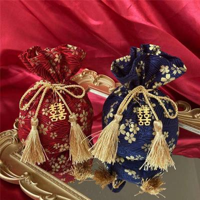 5 Pcs Retro Chinese Wedding Gift Bag Snack Candy Gift Bag Wedding Birthday Party Favors Drawstring Pocket Bag