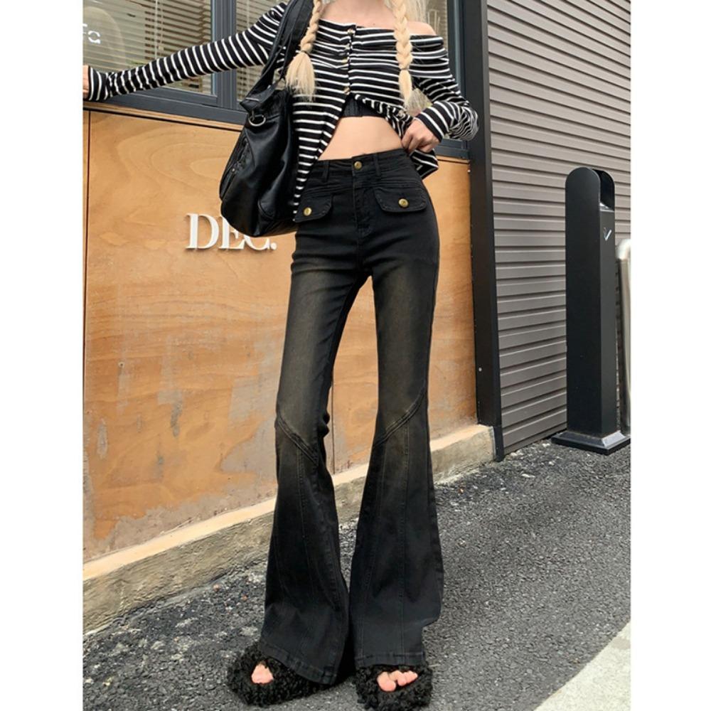American personalized micro-pull jeans women's spring and autumn new slim-fitting, thin and high-waisted horseshoe jeans