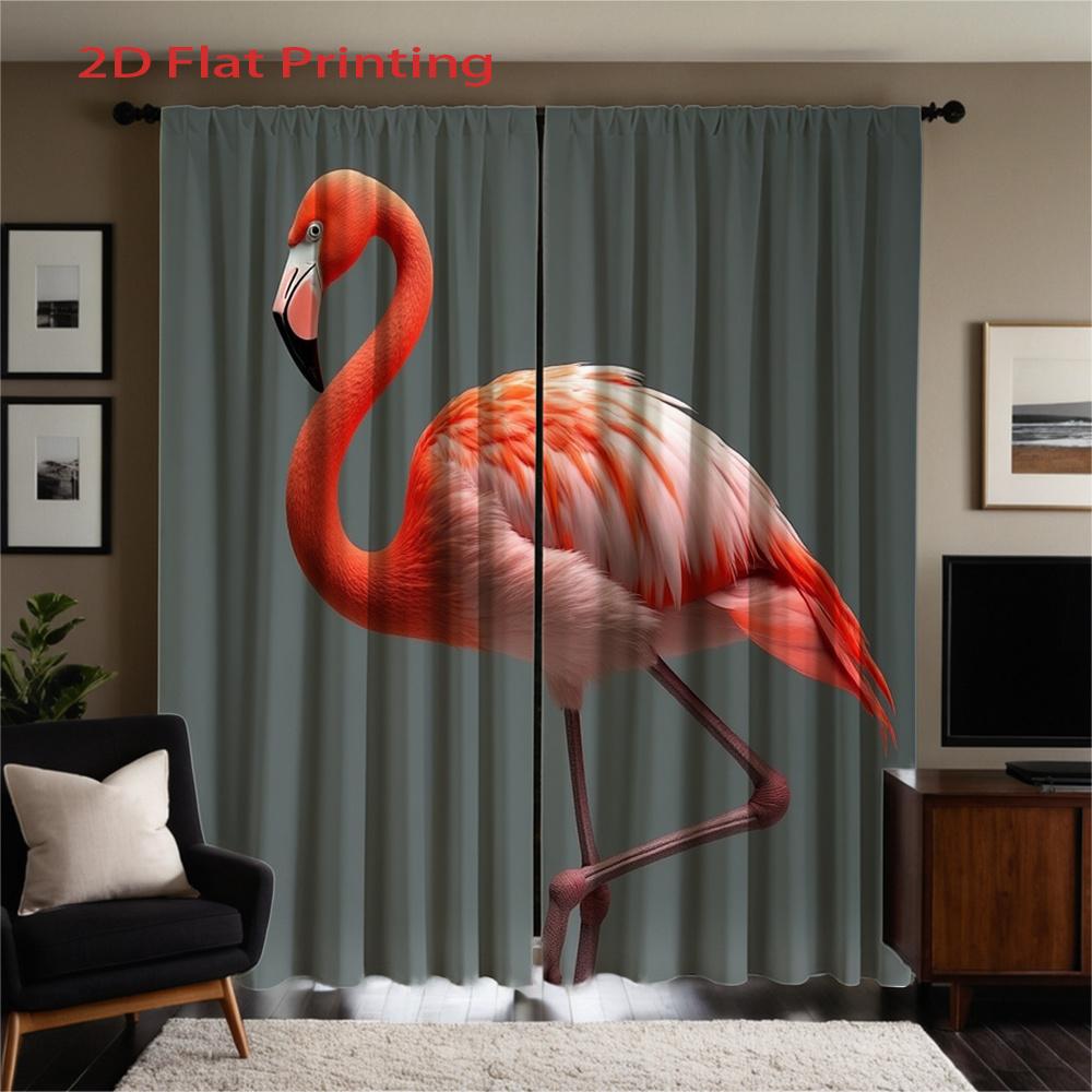 Flamingo Print Curtains Vibrant Pink White Design Semi Transparent Polyester Fabric Easy Hang Set Of 2 Made With Rod Pocket