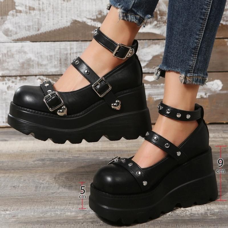Chunky Platform Wedge Heel Y2K Black Mary Jane Shoes Metal Buckle Women's Super High Heel Gothic Shoes Punk Ankle Strap Pumps
