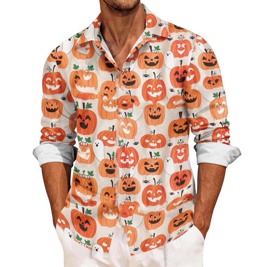 Men's Casual Long Sleeve Shirt with Halloween Print Relaxed Fit Button Down Top for Everyday and Festive Occasions