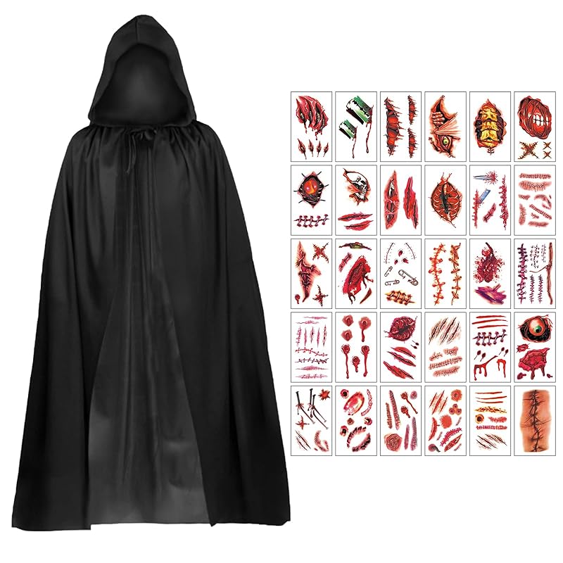 

[KEKVE] halloween cloak For disguise costume dracula ghost hood cloak black Adult size 160cm Paste 10 Halloween tattoos