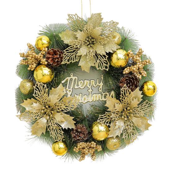 Christmas Wreath for Front Door Artificial Pine Needle Wreath with Balls Bows Flowers Merry Christmas Hanging Decor for Home Wall Window Porch Indoor