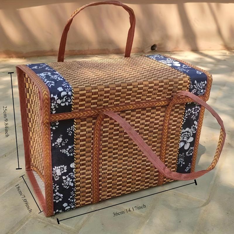 1pc Handcrafted Bamboo Picnic Basket With Handles, Rectangular Retro Style Foldable Bamboo Bag For Snacks & Fruits, Portable Woven Basket With Lid