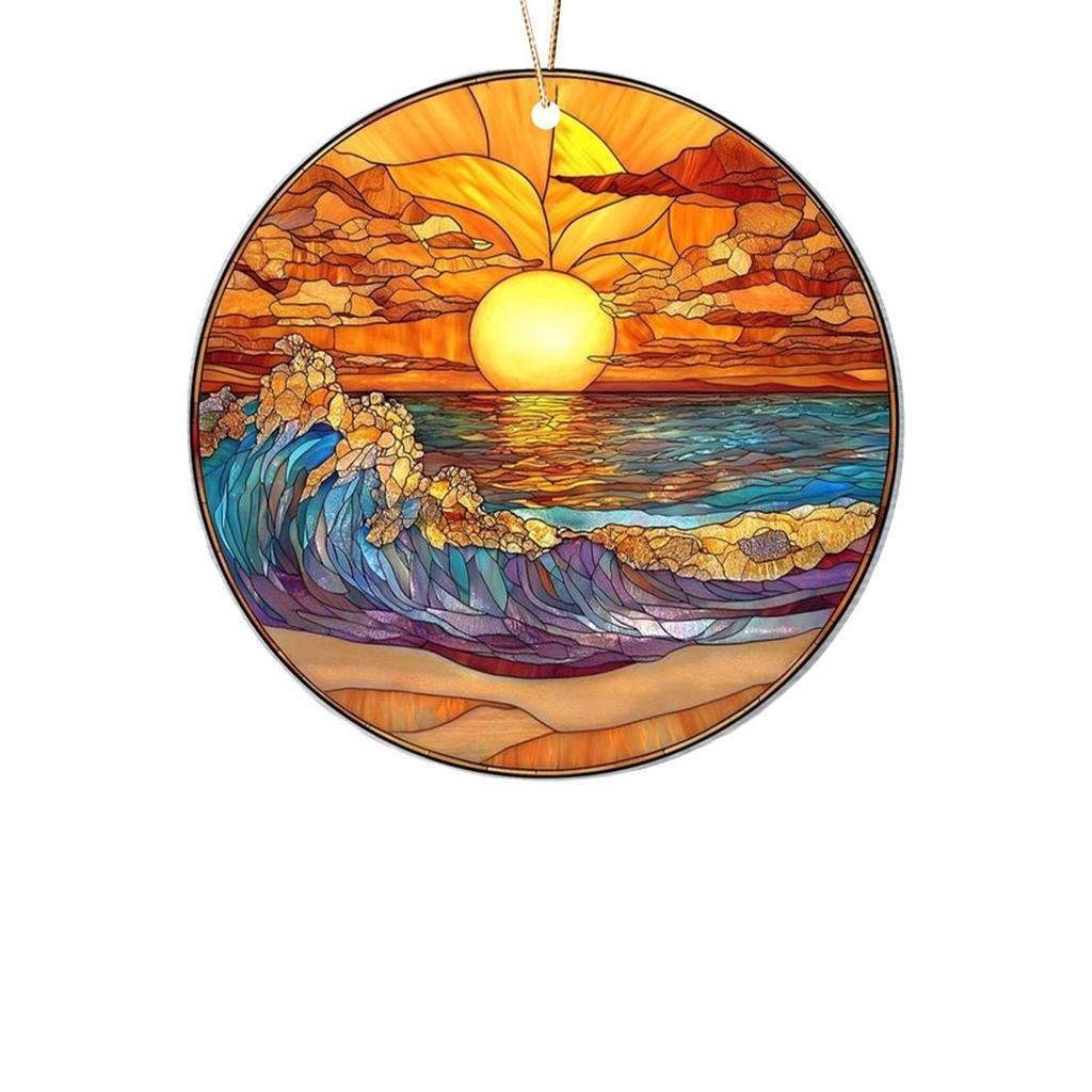 Beach Sunset Suncatcher Ornament Acrylic Window Decoration, Creative Lighting Craft Pendant Home Decoration Hanging