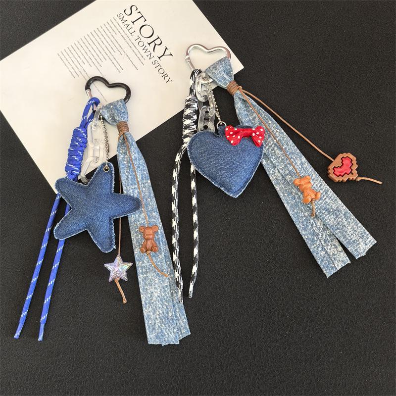 Trendy Denim Heart & Star Lanyard Keychain