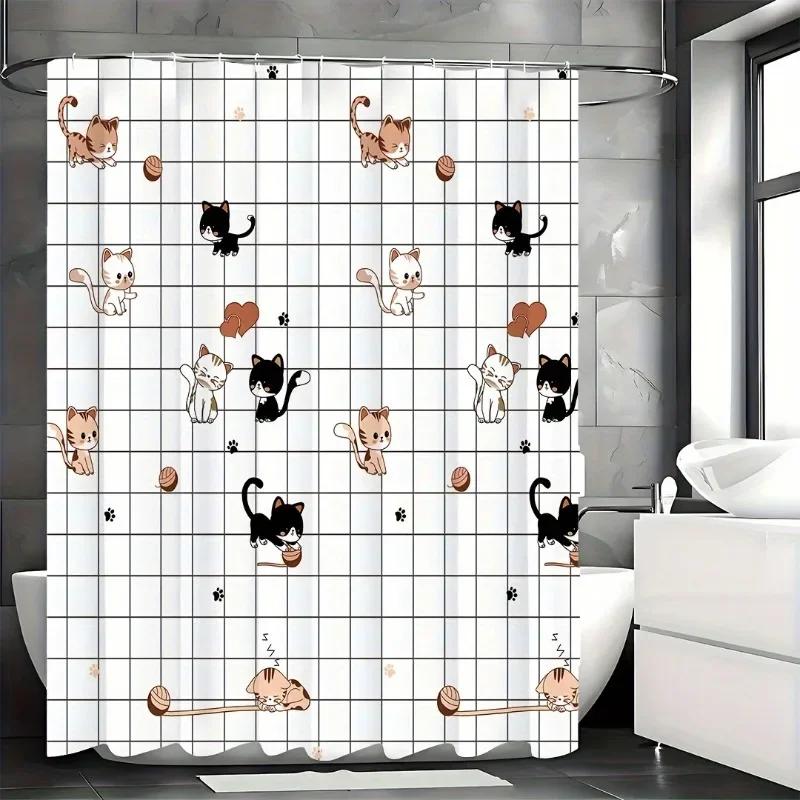 1pc Waterproof Cute Cat Pattern Shower Curtain - Easy Install with Hooks, Durable & Decorative for Any Bathroom