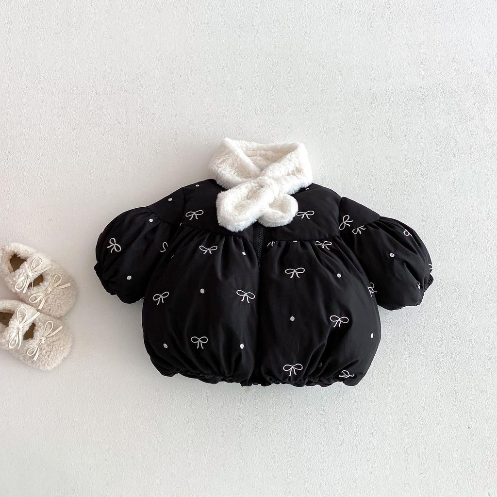 2025 New Girls' Korean-Style Winter Coat with Bow and Scarf - Cute Cotton Padded Outfit for Babies