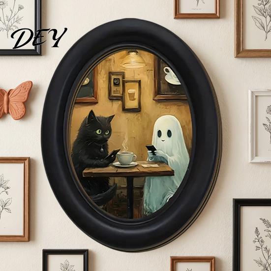 Decorative Wall Ornaments for Living Room Halloween Gothic Oval Wooden Hanging Plaque, Vintage Framed Black Cat Little Niche Aesthetic Decor